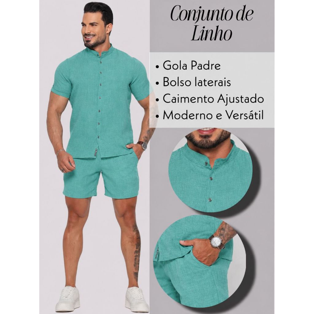 Conjunto Masculino Casual  Gola Padre Linho Premium
