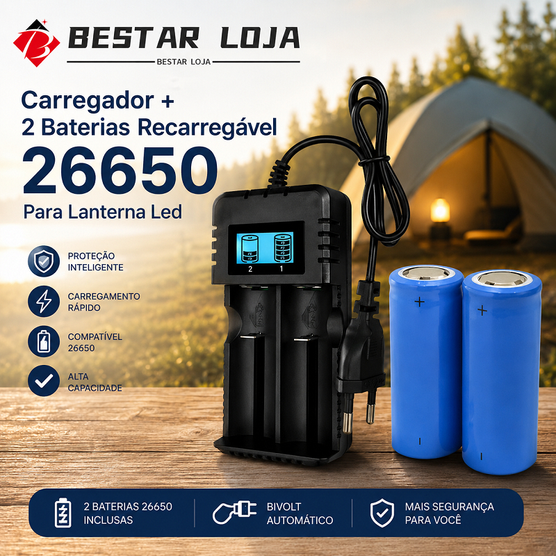 BESTAR LOJA Carregador + 2 Baterias Recarregável 26650 Para Lanterna Led