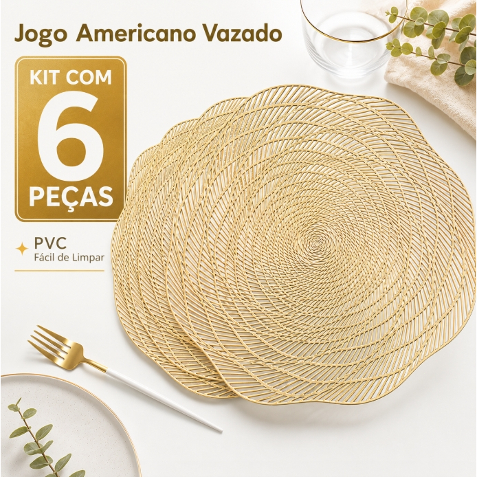 Jogo Americano Dourado 6 Peças em PVC Vazado, Sousplat Decorativo para Mesa, Festa e Jantar