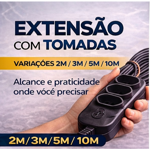 Extensão Elétrica 2, 3, 5 ou 10 METROS - BIVOLT 110/220V 10A TRIPOLAR RESISTENTE COR PRETA