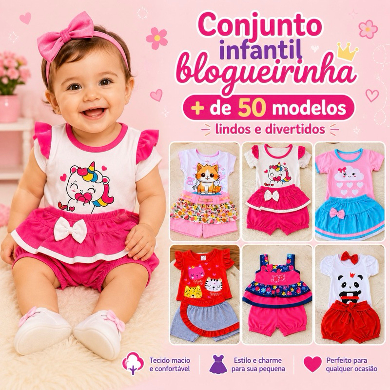 kit 6 peças roupa para bebê menina/feminina (3 Conjuntos menina sortidos) blusa e shorts roupinha infantil