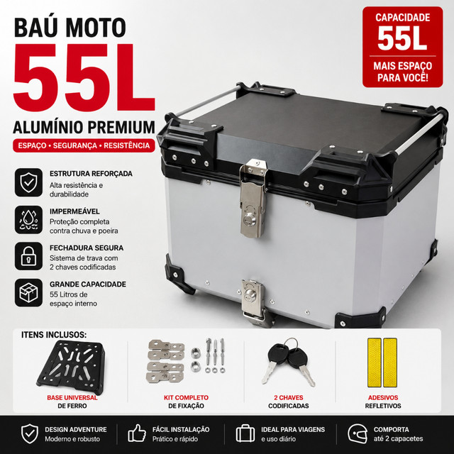 Baú Moto 55L Alumínio Top Case Bauleto Motos Universal Com Chave Grande honda/yamaha/bmw/outras/cinza