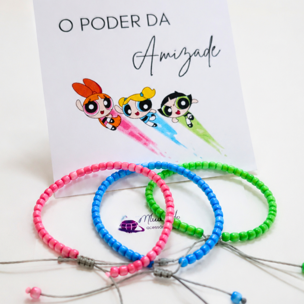Pulseira da amizade miçangas Kit 3 pulseiras Meninas Super Poderosas acompanha cartão Fecho ajustável