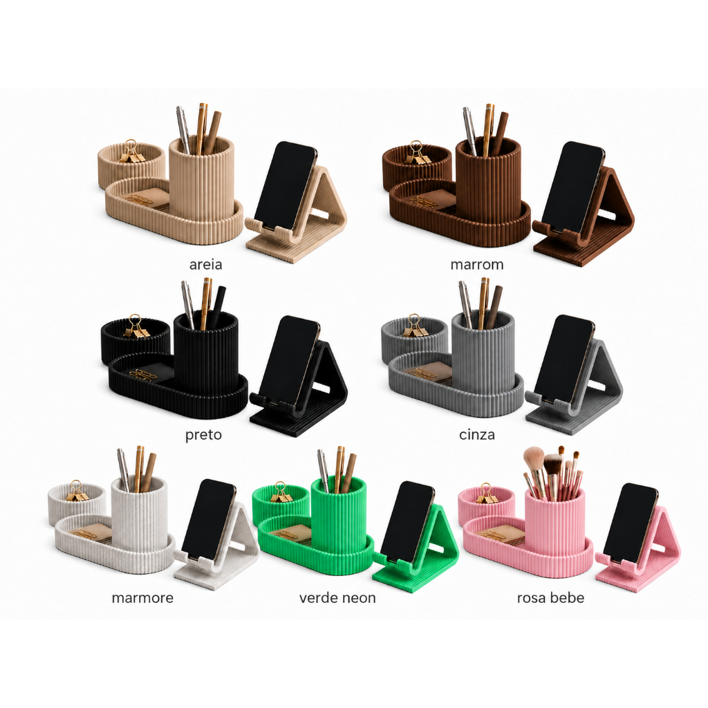 Organizador de Mesa Escritório Home Office Kit 4 em 1 Porta Canetas, Clips, Bandeja,Suporte Celular Decoração,Cilindrico