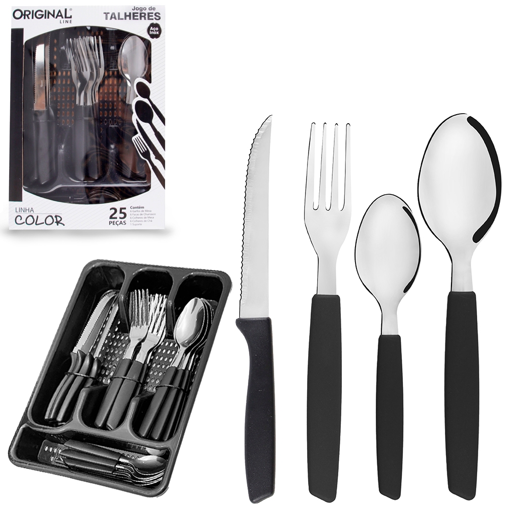 Faqueiro Inox com 24 Peças + Porta-Talher Azul – Cabo Plástico Colorido