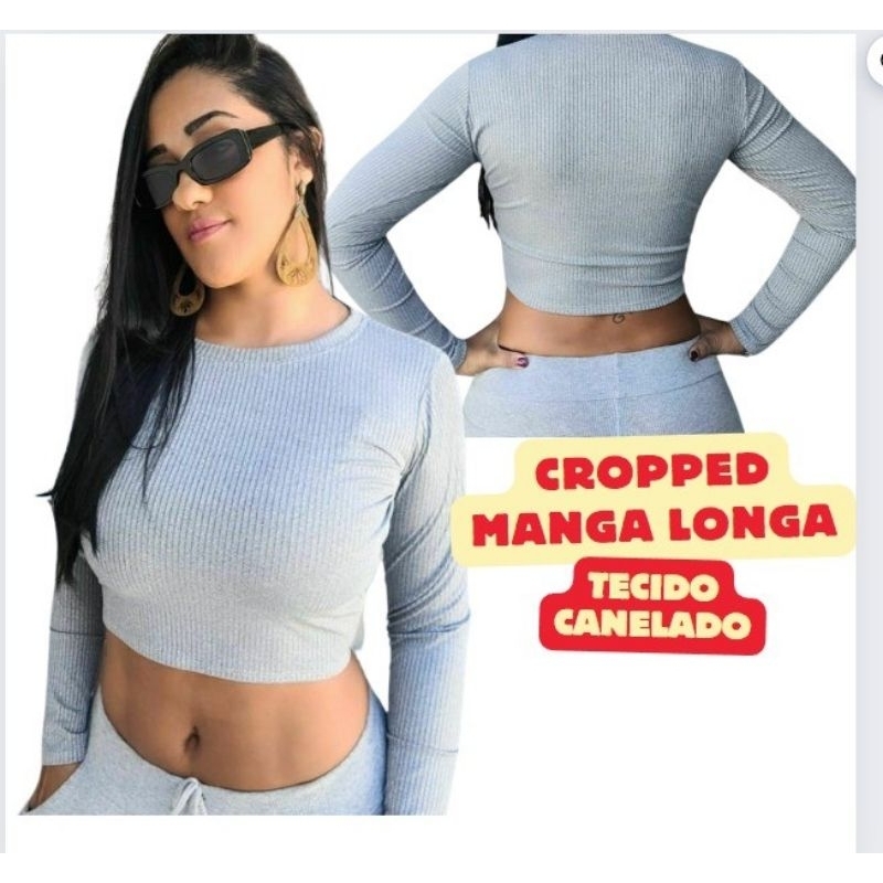 Blusa manga longa cropped feminino cinza gola redonda malha canelada
