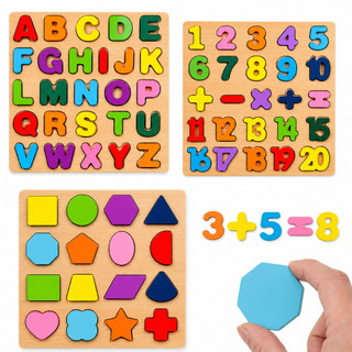 Kit 3 Plaquinhas de Madeira Brinquedo Educativo Alfabeto Infantil de Madeira Formas e Números