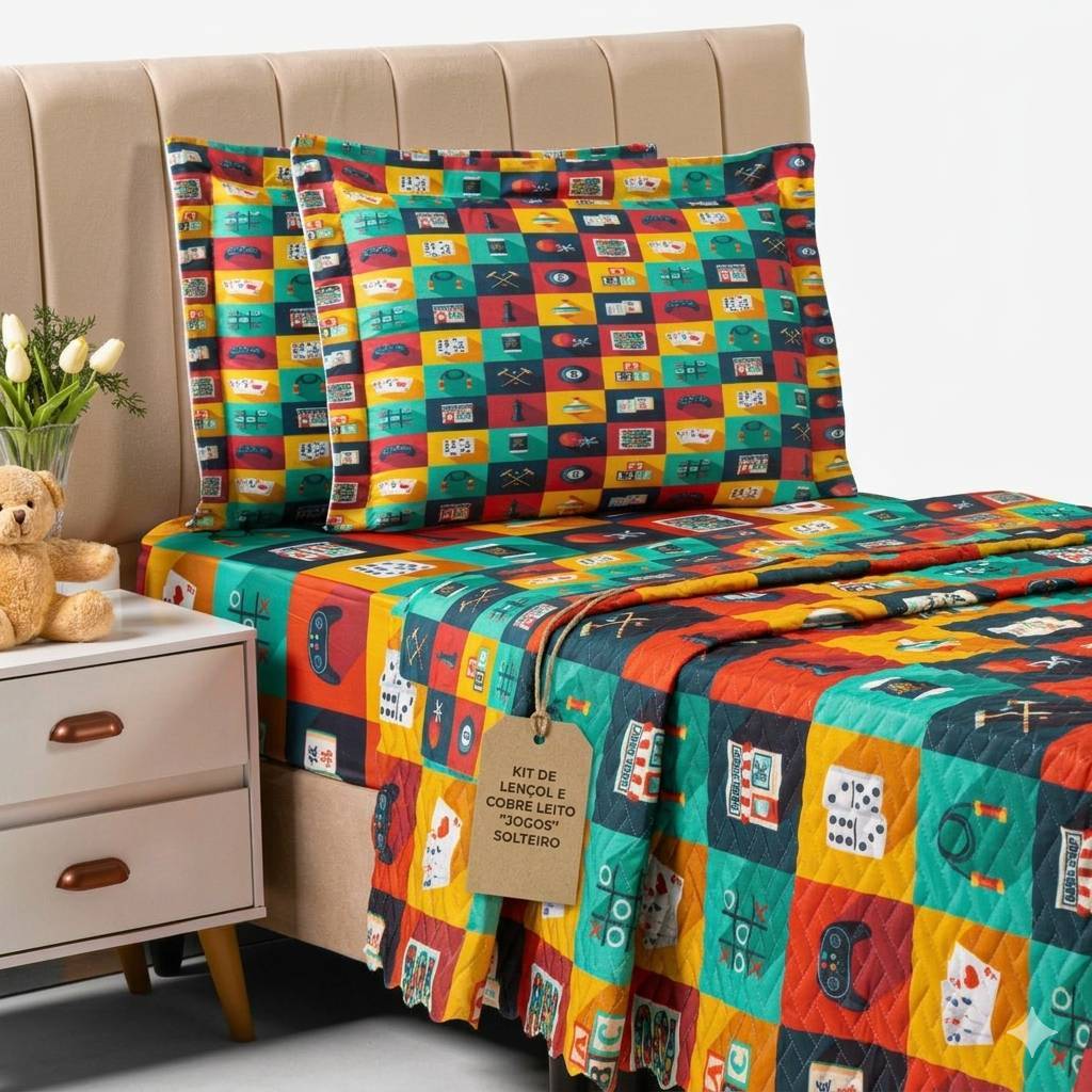 Kit Cobre Leito Matelado Solteiro + Lençol Com Elástico Solteiro Jogos Variados Estampado Coloridos
