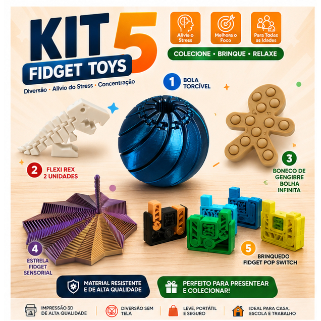 Kit 5 Brinquedos Sensoriais Fidget Toy Anti Stress TDH Autismo Bola Torcível Flexi Rex Pop It Impressão 3D