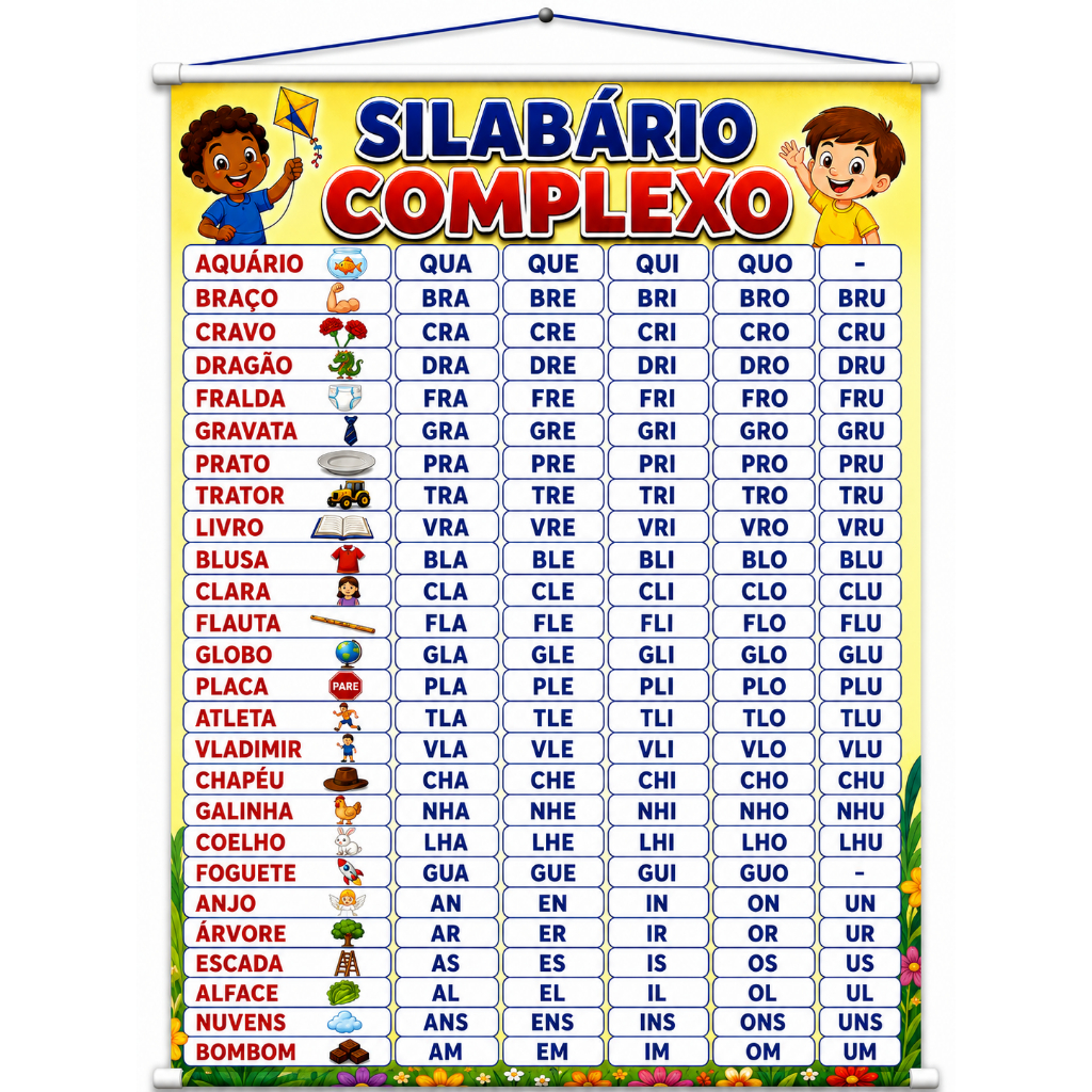 Banner Educativo Silabário Complexo produzido em lona. Cartaz Escolar Material Pedagógico Aulas de Português Gramática