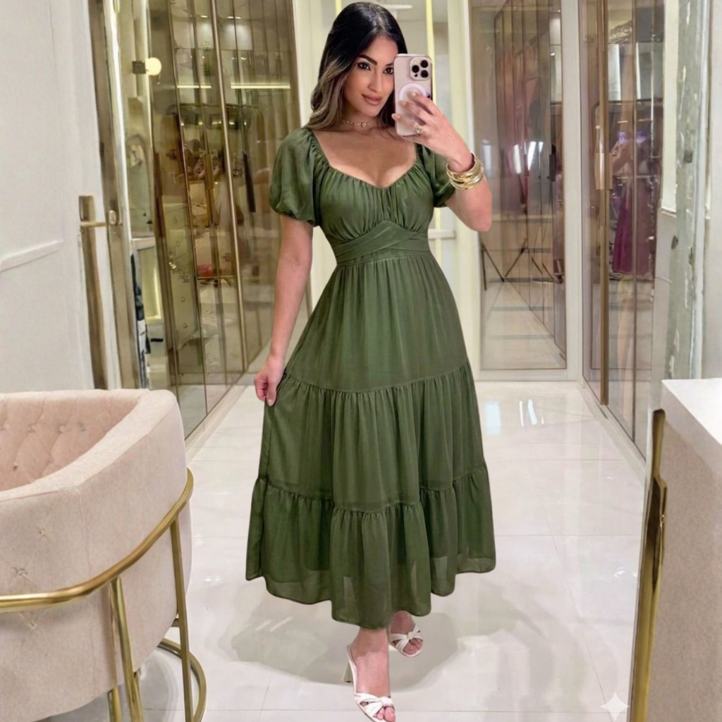 Detalhes do Vestido Em Chiffon Feminina Midi Com Manga Curta, Amarra na Cintura (MODA ELEGANTE)