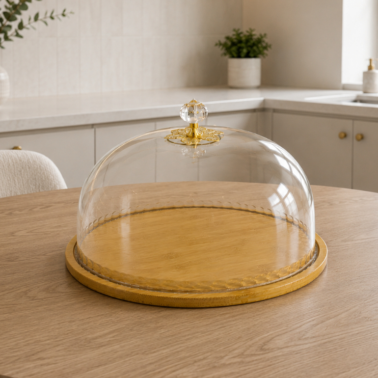 Boleira elegante para bolo com prato de bambu e tampa de acrílico ideal para tortas queijo bolo