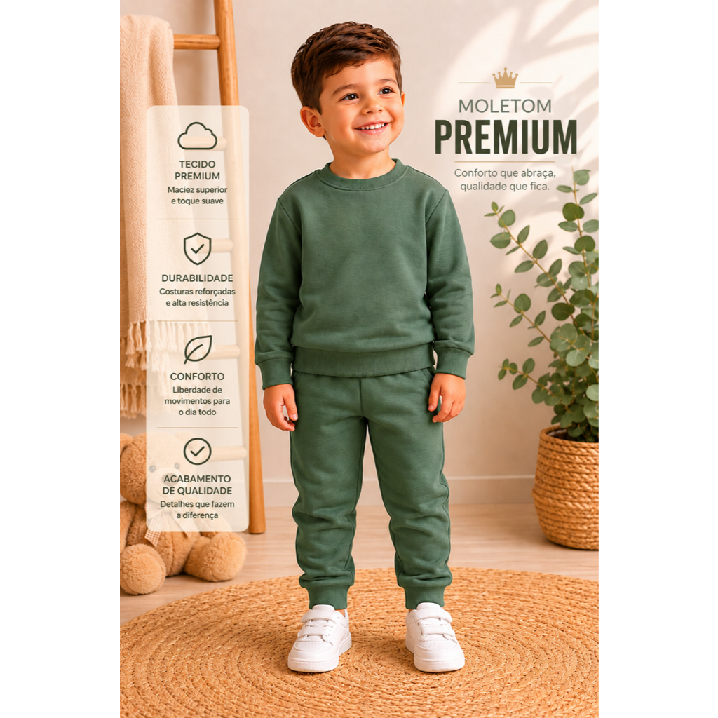 Conjunto Moletom Infantil Peluciado Premium | Casaco Moletom Com Punho e Gola + Calça Moletom Com Punho