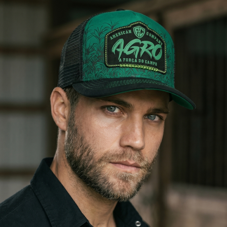 Boné Agro Trucker Masculino Bordado A Força do Campo Pecuária Aba Curva Tela Respirável Original American Company
