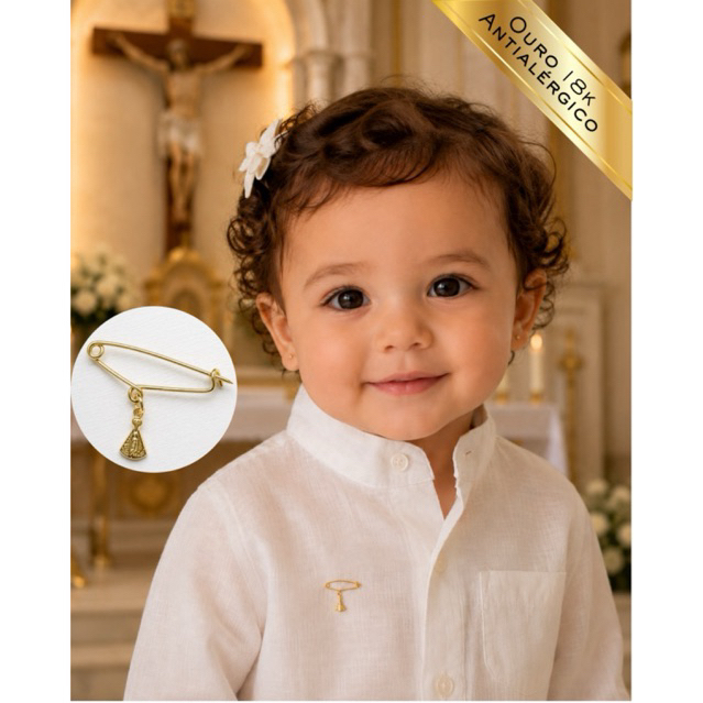 Broche Alfinete Roupa Batismo Nossa Senhora Aparecida Cor Ouro 18k Antialérgico Batizado Presente Bebê Criança Católica