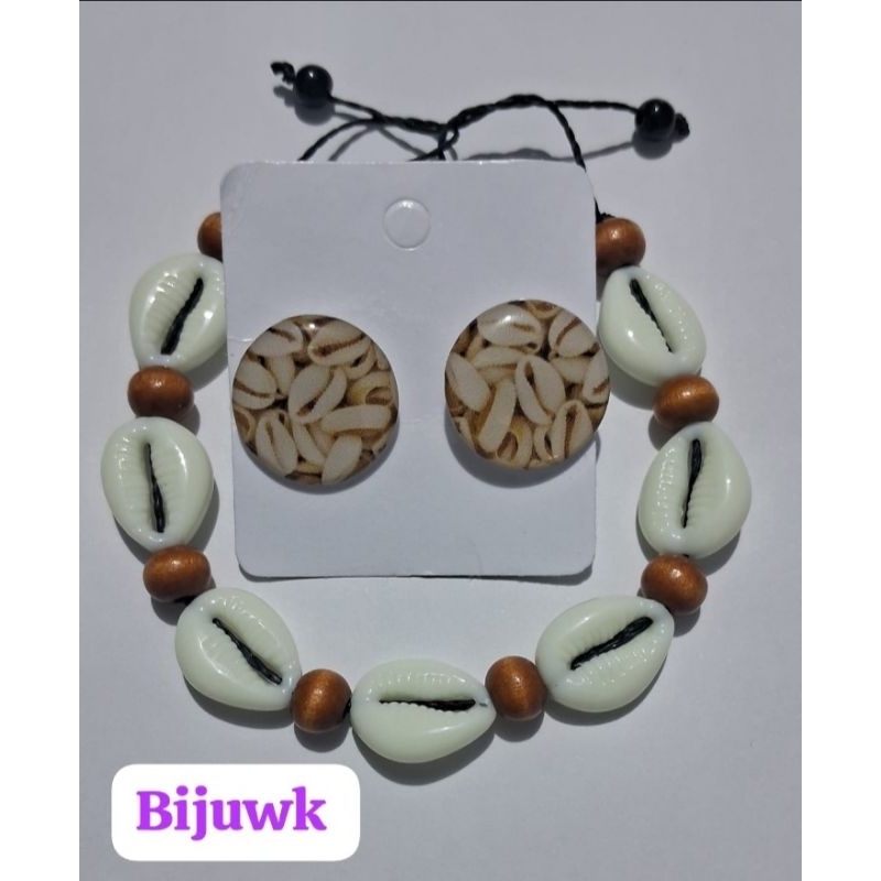 Pulseira tornozeleira búzios com miçanga de madeira com brinco botão búzios