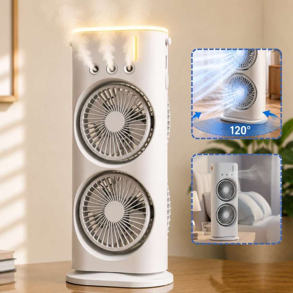 Umidificador Ventilador Duplo Led 90° Com Controle 5V 10W - BRANCO