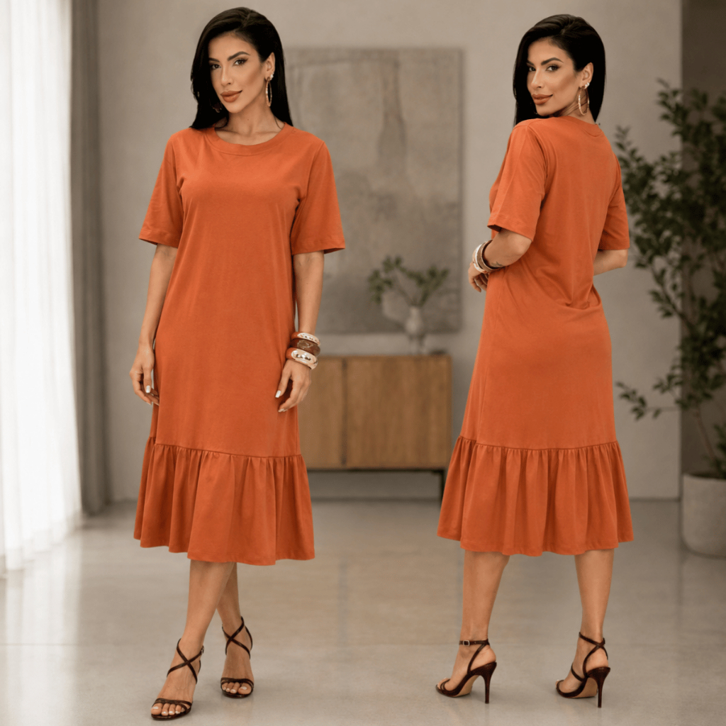Vestido Midi Feminino 100% Algodão Manga Curta Gola Redonda Babado Casual Elegante Conforto