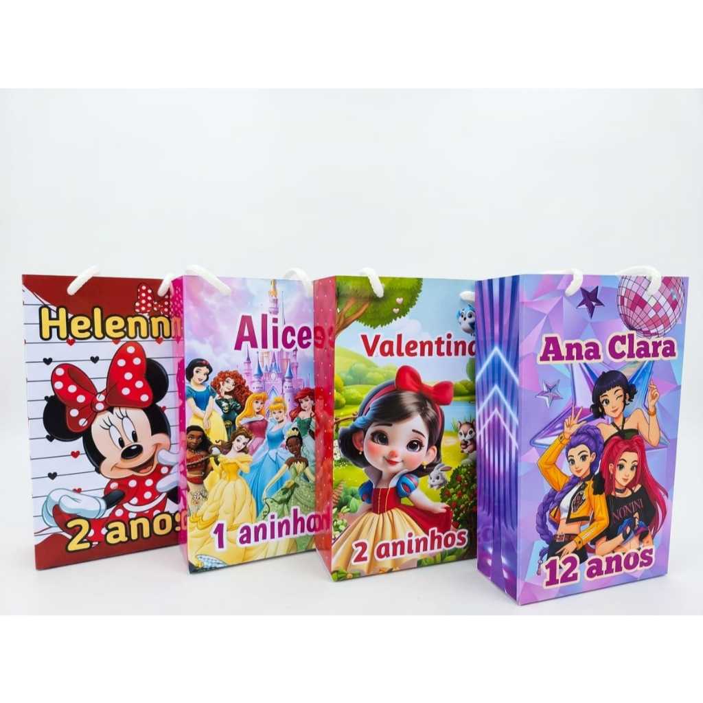 10/15/20/25/30 Sacolinha personalizada princesas,minnie,guerreiras,boiadeiro tudo com nome e idade