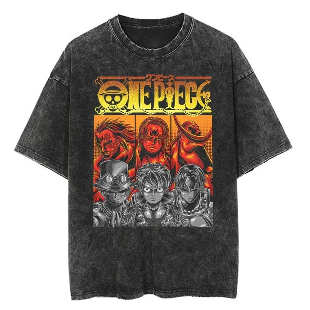 Camiseta Estonada Lavada Retro Preta Vintage Anime Streetwear Punk Nika Gear 5 Luffy Chapeu De Palha One Piece - Rogue