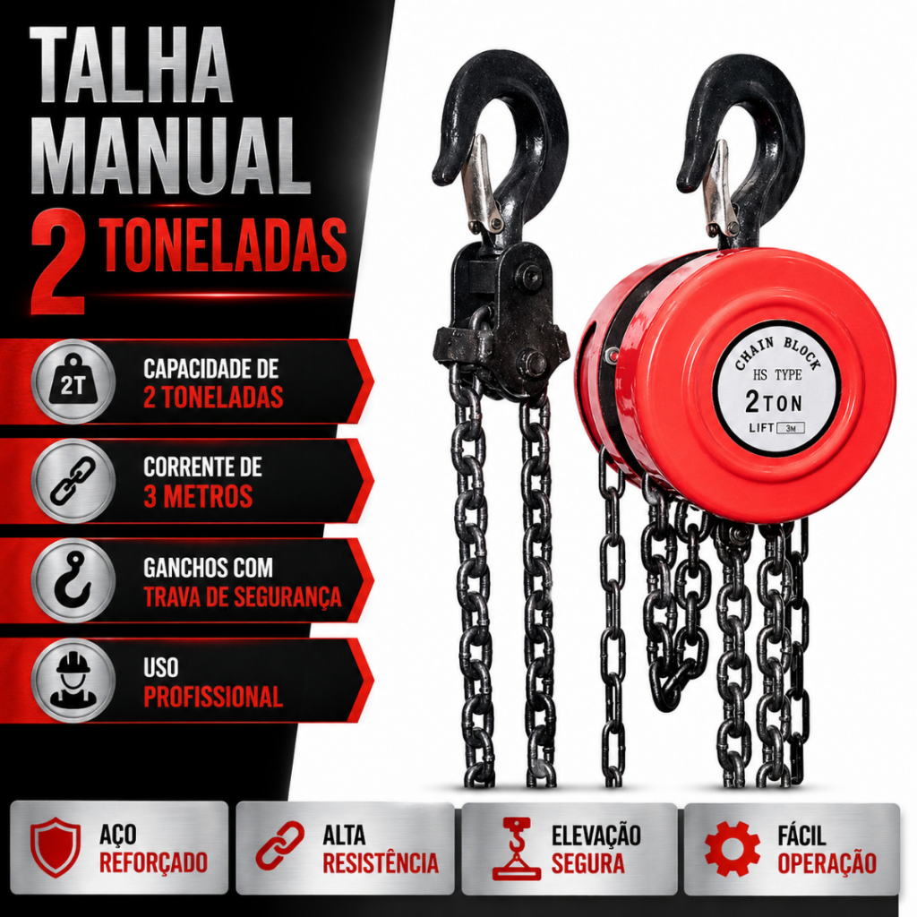 Talha Manual 2 Toneladas Corrente 3 Metros Gancho Com Trava Profissional Para Içamento De Cargas