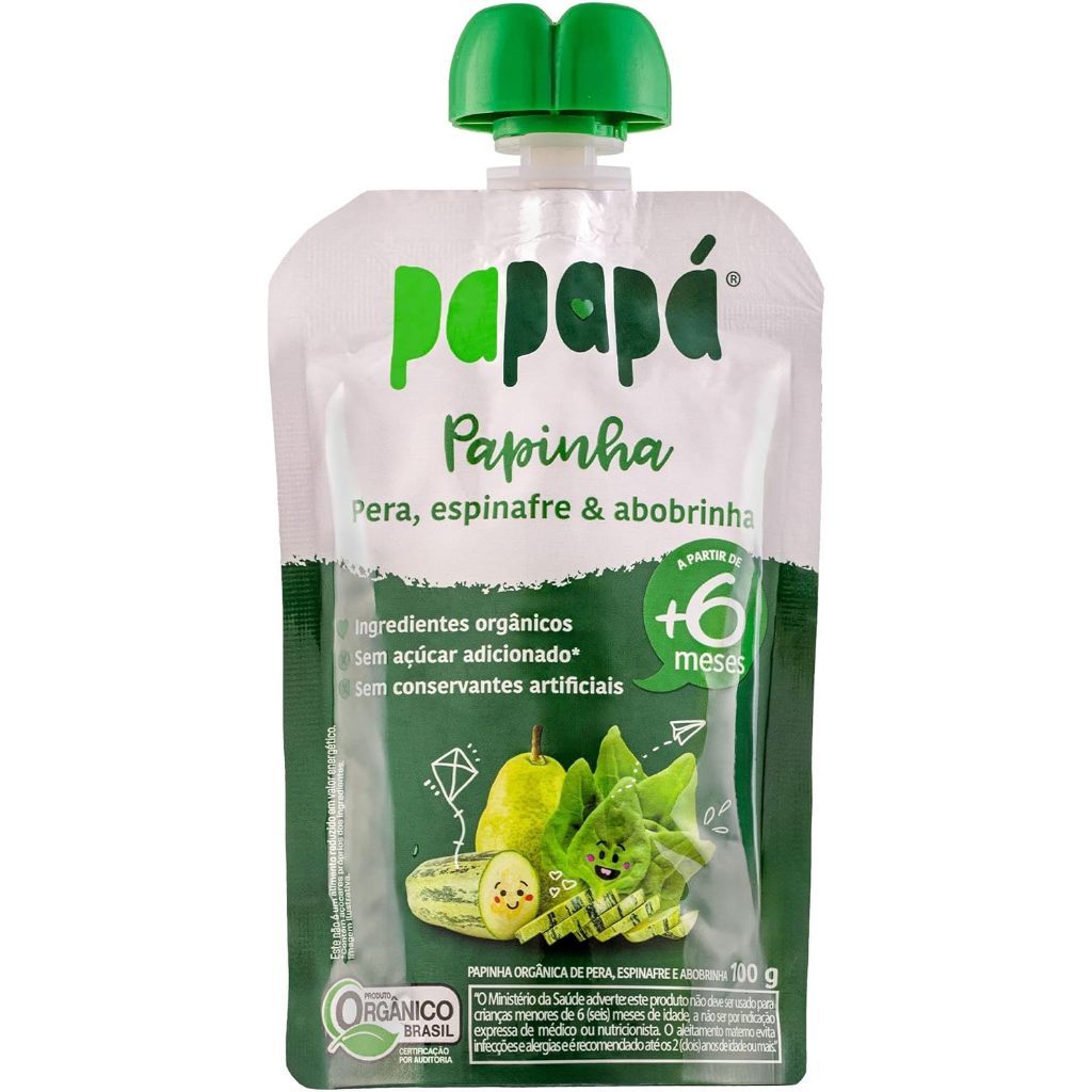 Papinha Orgânica Pera, Espinafre, Abobrinha Papapá Squeeze 100g