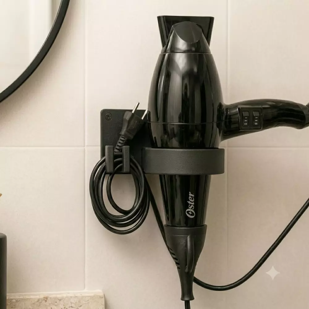 Suporte Secador De Cabelo Parede Adesivo Dupla Face Banheiro Organizador De Cabo Sem Furo Prático Preto e Branco