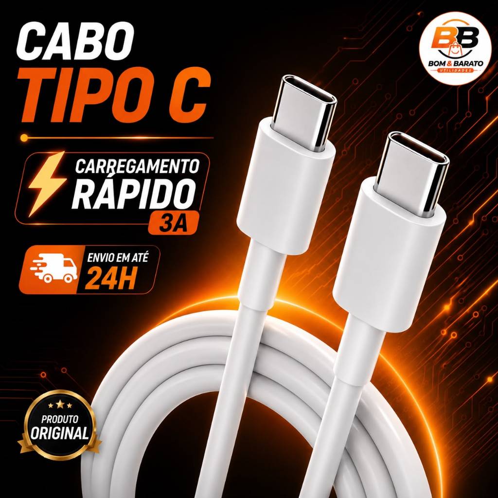 Cabo Tipo C Carregamento Rápido Turbo Compatível a Android e iOS