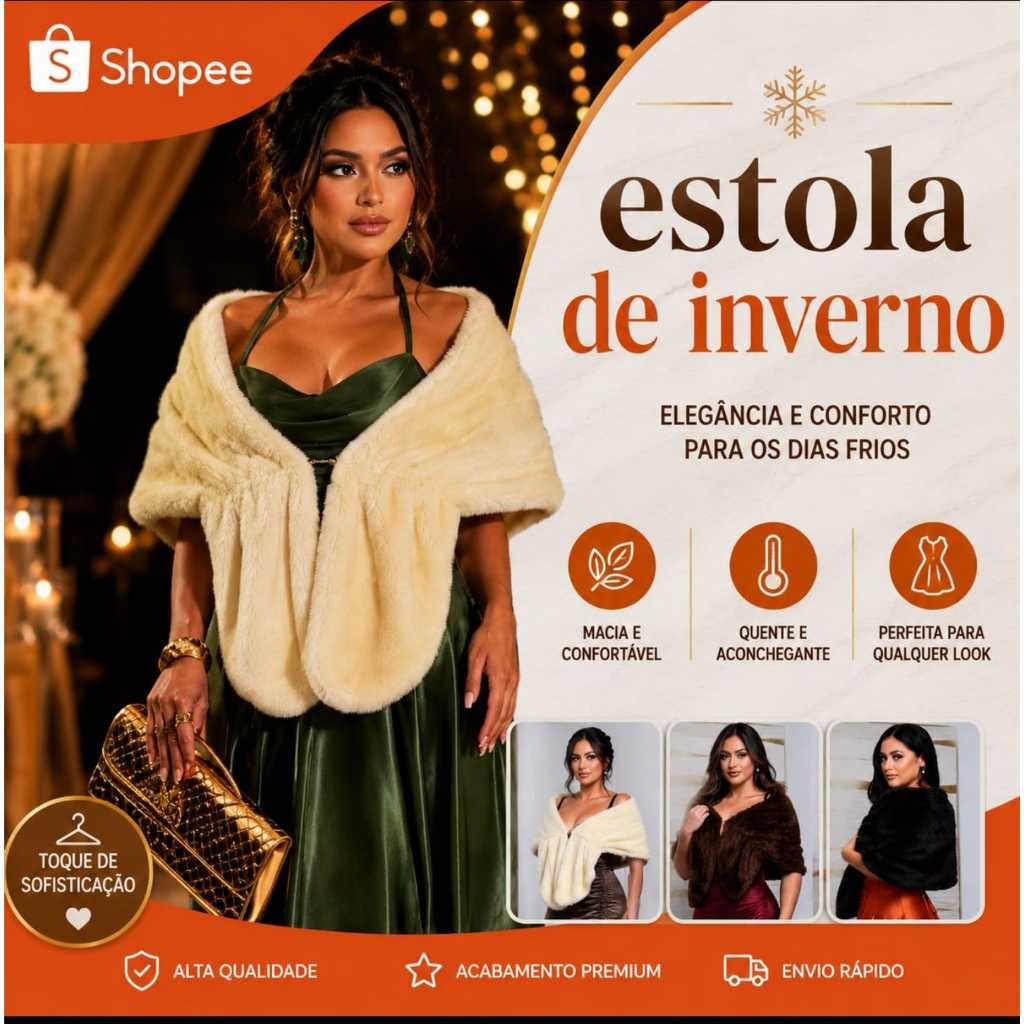Estola de Inverno Luxo Feminina em Pele Sintética Macia para Festa Casamento Formatura Elegante