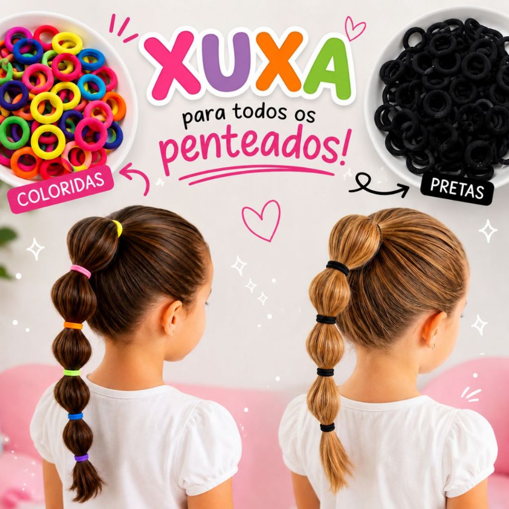 Elásticos para Cabelo Infantil Criança (Xuxinha Rabicó) Xuxa Pequeno – Preto ou Colorido - Penteados