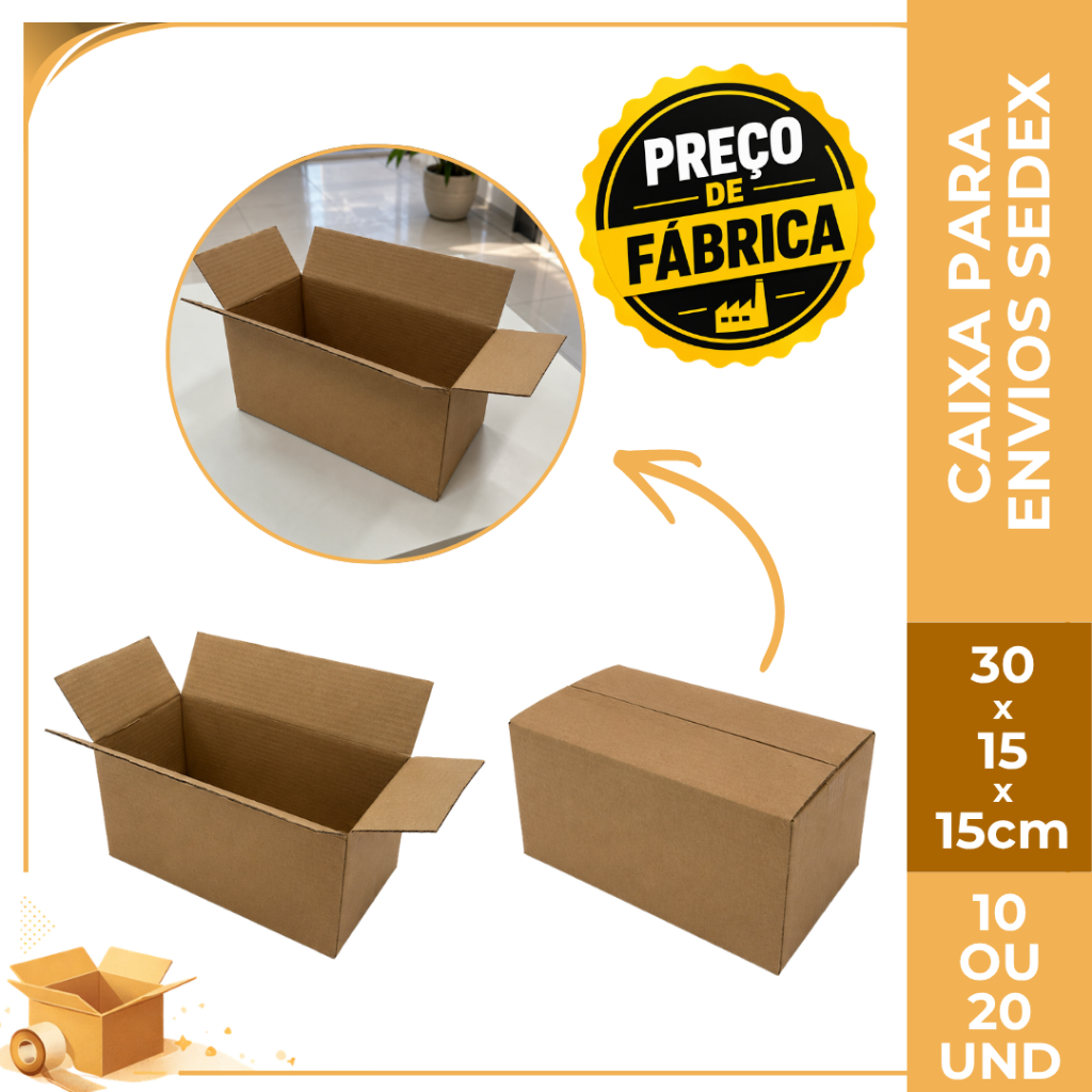Caixa de Papelão Para Envios 30x15x15cm Embalagem Ecommerce Correios Sedex Shopee Mercado Livre