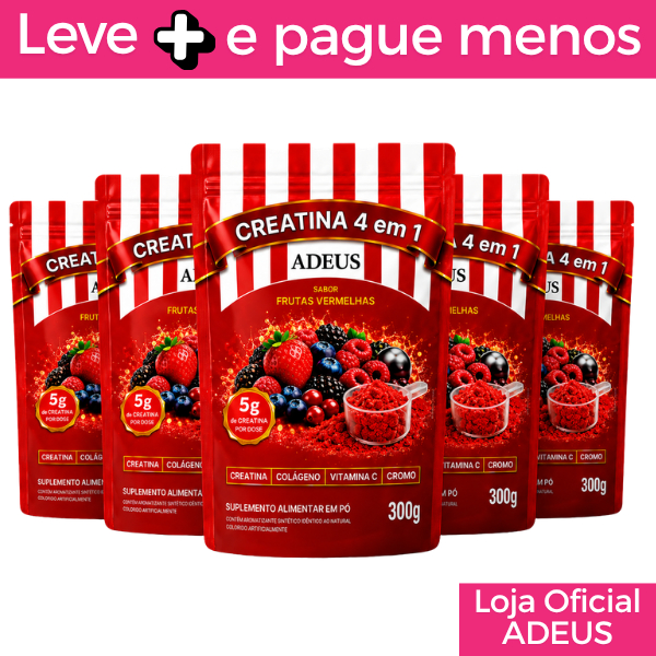 Kit 5 unidades - Creatina 4 em 1 da Marca ADEUS — Frutas Vermelhas 300g | Creatina + Colágeno + Vitamina C + Cromo