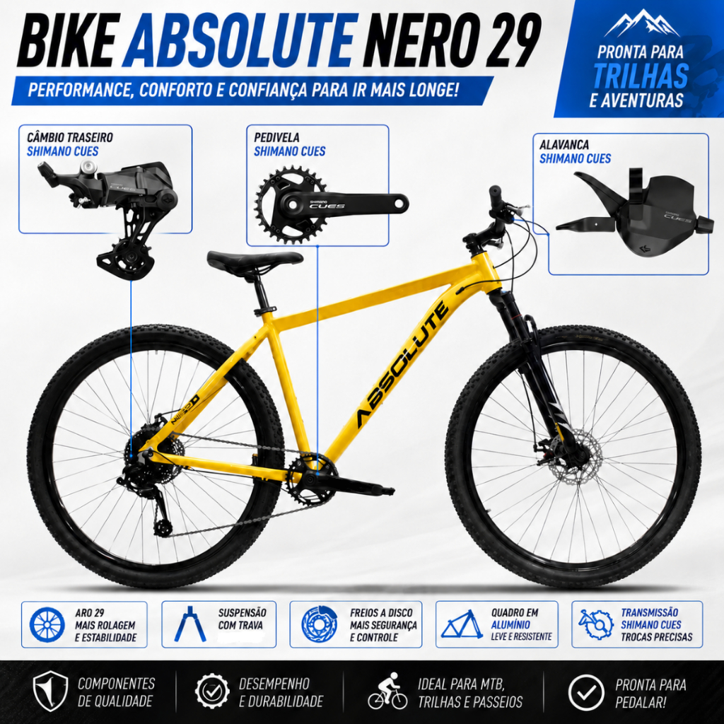 Bicicleta Aro 29 Absolute Nero 5 Shimano CUES 9 Velocidades 1x9 Alumínio Freio Hidráulico MT200