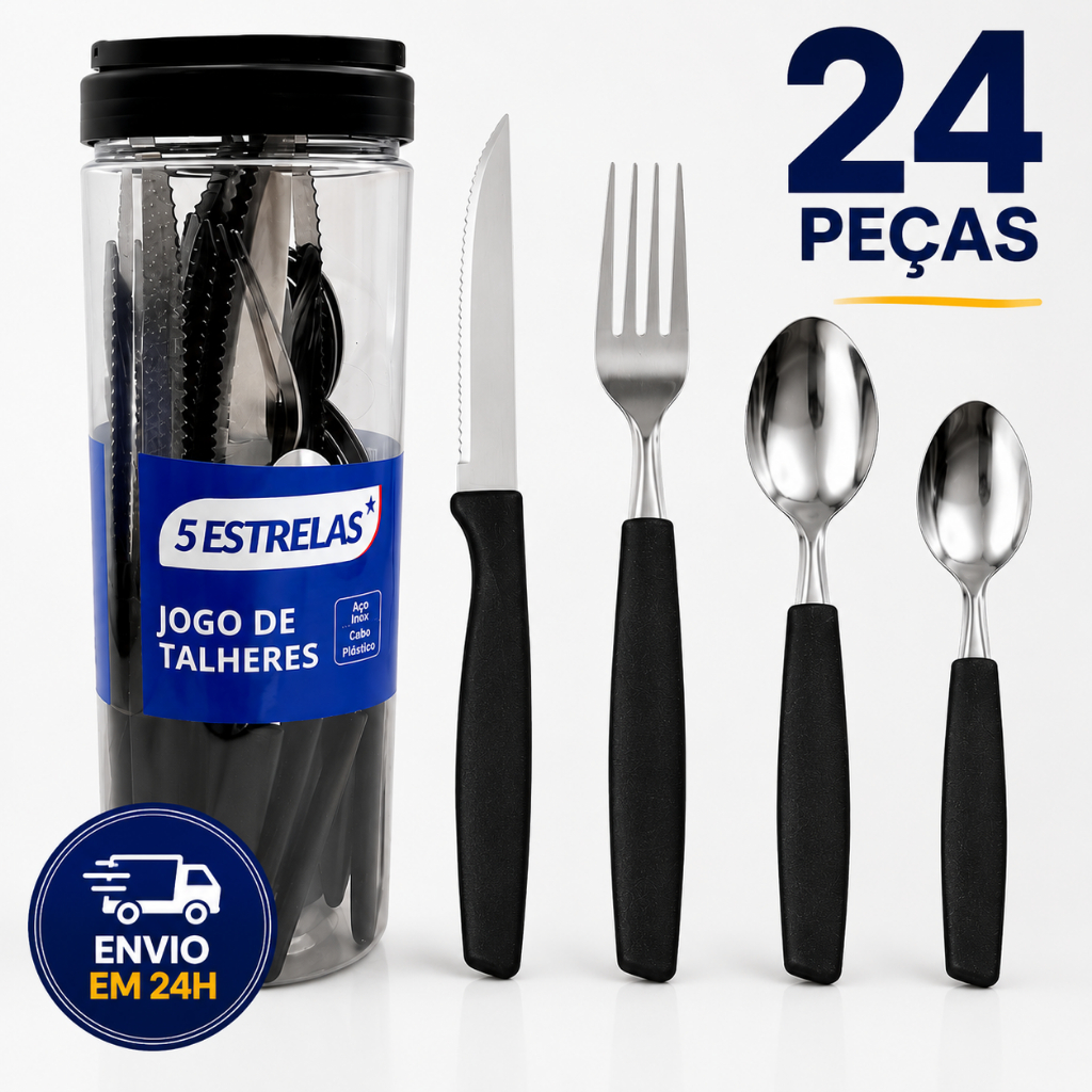 Jogo de Talheres Inox 24 Peças Cabene Cabo Preto Kit Completo Garfos Facas Colheres Resistente