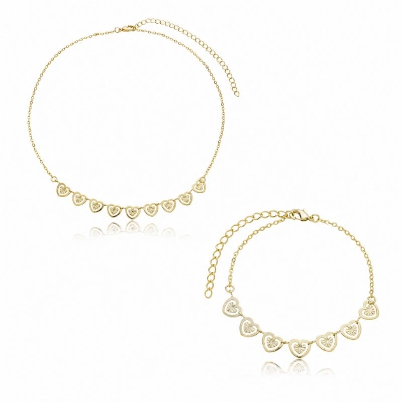 Conjunto Colar e Pulseira Corações Folheado à ouro 18k Semijoia Kit Delicada Kit Feminino