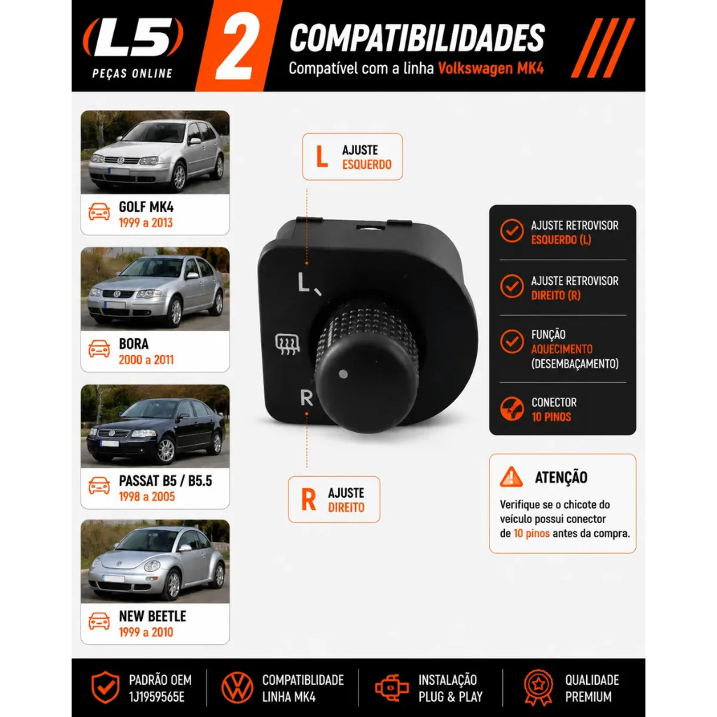 Botão Regulador Retrovisor Elétrico Vw Golf Sapão MK4 Bora Passat Variant New Beetle Comando Peça