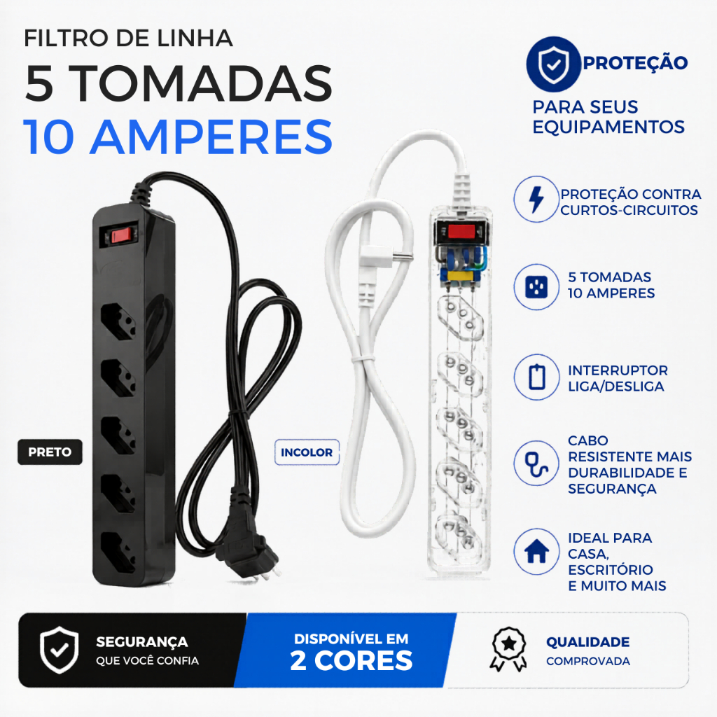 Filtro de Linha com Protetor de Surto DPS iClamper 5 Tomadas 10 Amperes Tecnologia LCF Anti Raio Cla