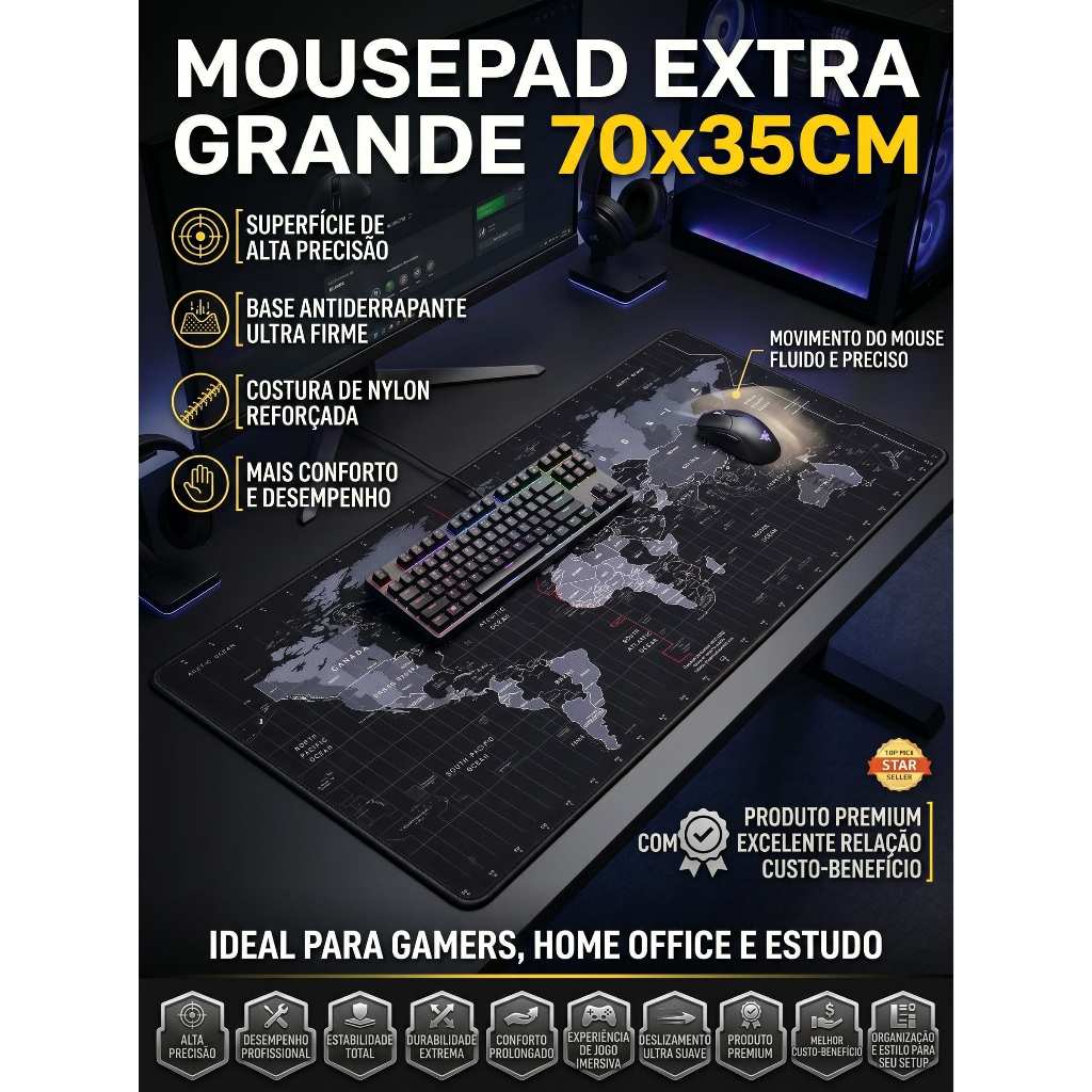 Mouse Pad Gamer Aportex 70x35cm Mapa Mundi Extra Grande Antiderrapante Costura Premium Desk Pad