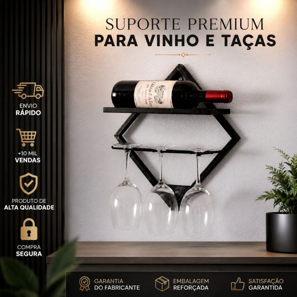 Adega De Parede Barzinho Suspenso Prateleira Decoração Porta Taças e Vinho Feito em Aço Metalon Moderno