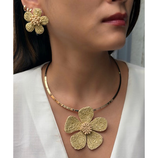 Conjunto Colar e Brinco Dourado com Palha - Brinco Redondo - Estilo Praia Verão - Moda Praia - Maxi Colar - Colar de Aro