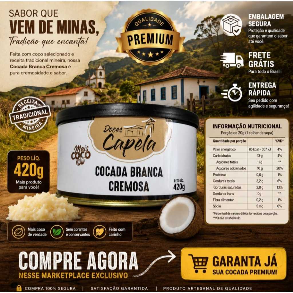 Cocada Branca Cremosa Premium Capela 420 gramas