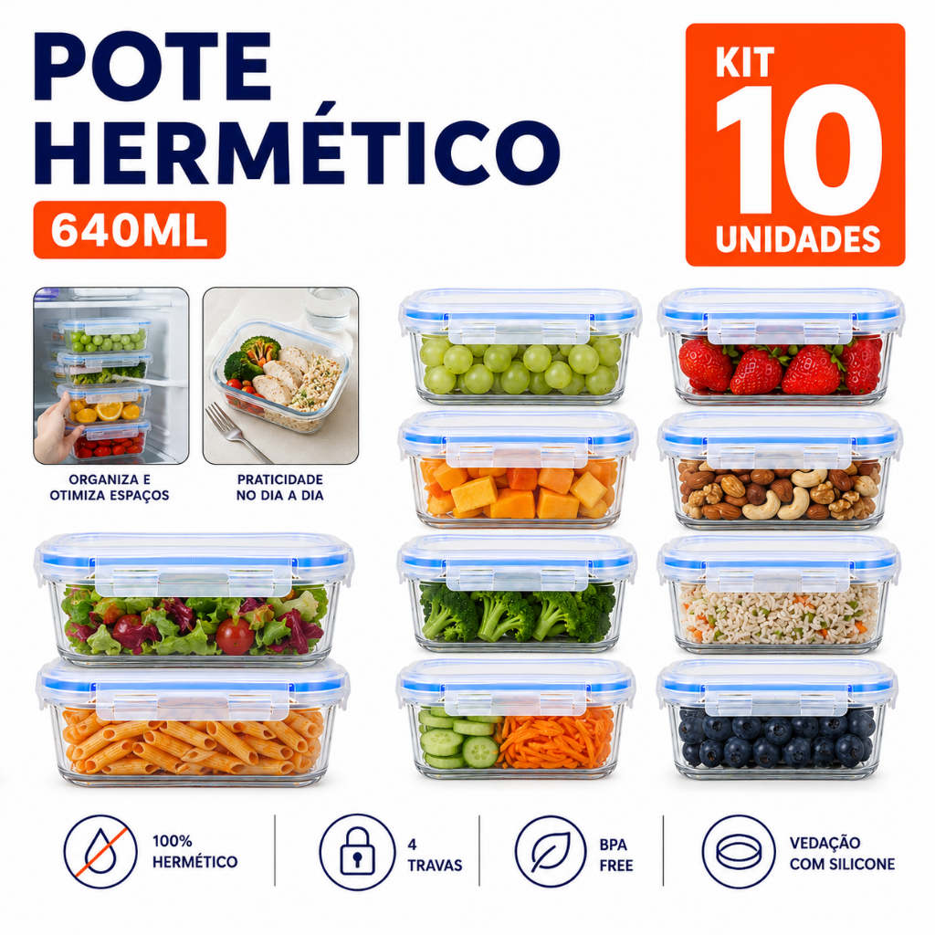 4, 6 ou 10 Pote Hermético 640ml Marmita de Vidro Pote de Vidro Com Tampa 4 Travas Fitness