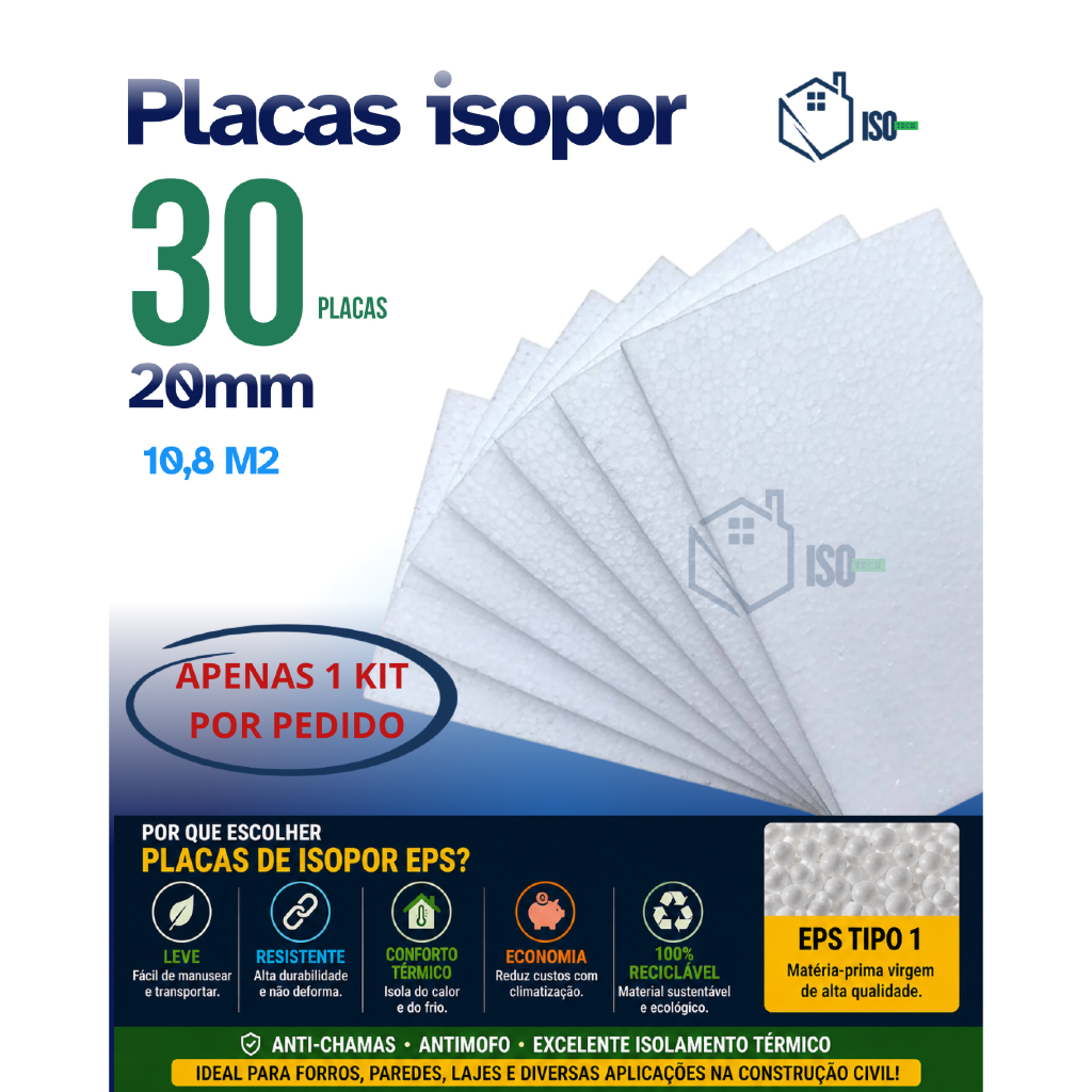 Kit 30 Placas EPS para Forro 2CM AntiChamas | Isopor Construção Civil com Isolamento Térmico (K)