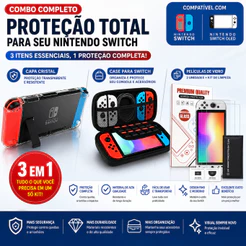 Case Capa Estojo Para Nintendo Switch 1/Oled + Capa Acrilica + Pelicula Vidro Oled, capa protetora para Switch