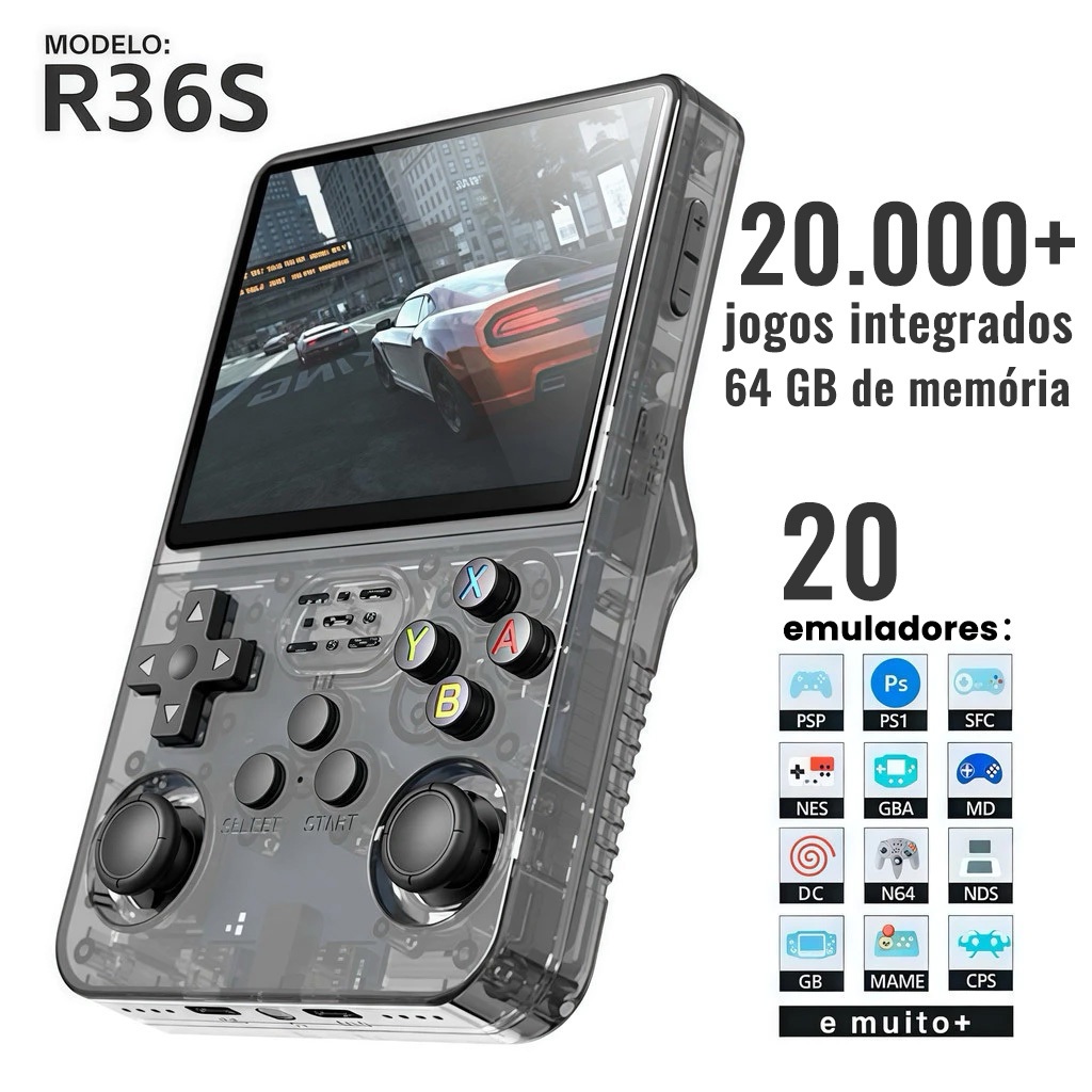 Console R36S Portátil Retro 64GB 3000mAh Tela IPS 3.5 Polegadas + 20.000 Jogos Clássicos
