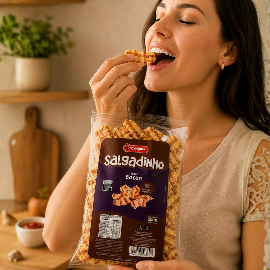 Salgadinho Bacon Pellet Sabor Bacon 1KG Kit 10 Pacogtes 100g Cada Snack Schneider