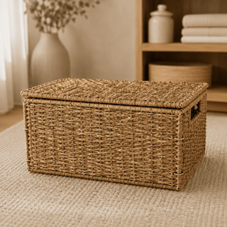 Cesto Decorativo Dobrável Em Fibra Natural Seagrass E Metal Com Tampa Caixa Organizadora Multiuso