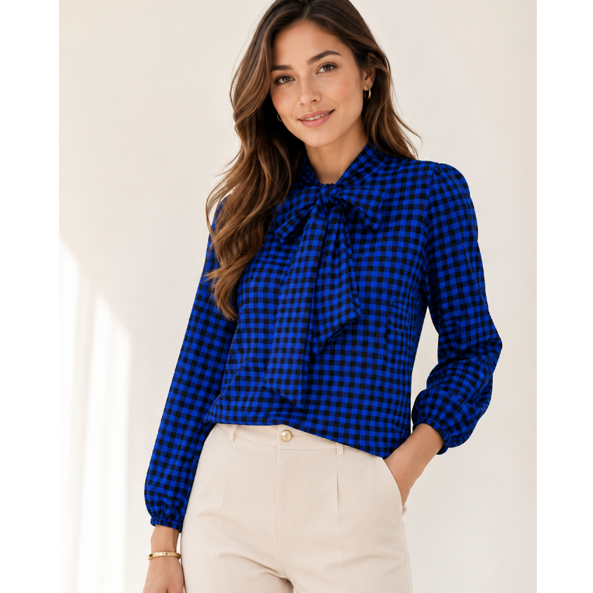Blusa de laço gravatinha feminina manga loga moda evangélico