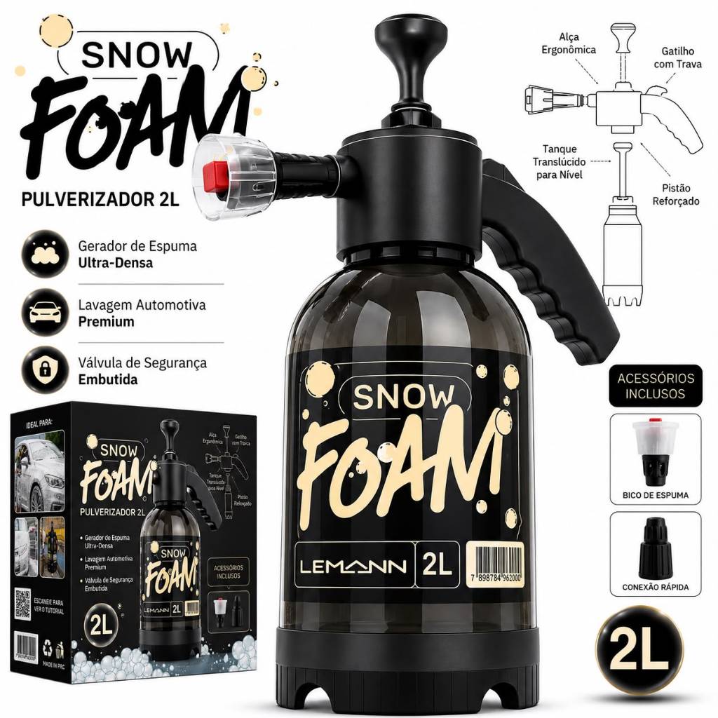 Snow Foam Pulverizador Manual Borrifador Alta Pressão 2 Litros Com 3 Bicos Espuma Automotivo Lavagem Carro Moto Limpeza