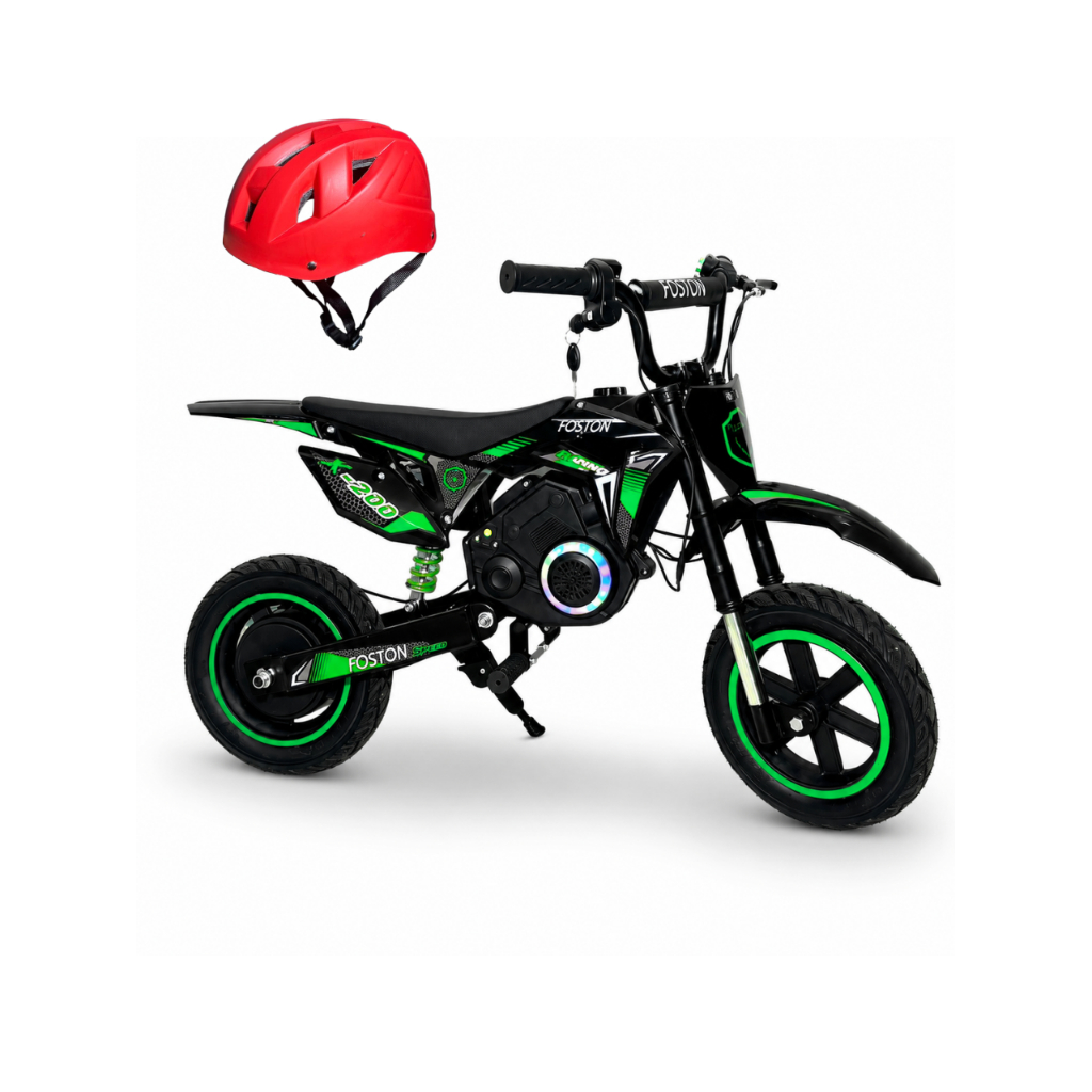 Mini moto eletric foston x200 250w 3 velocidade, suporta ate 80 kilos, possui led COR PRETA COM VERDE, venha ser feliz